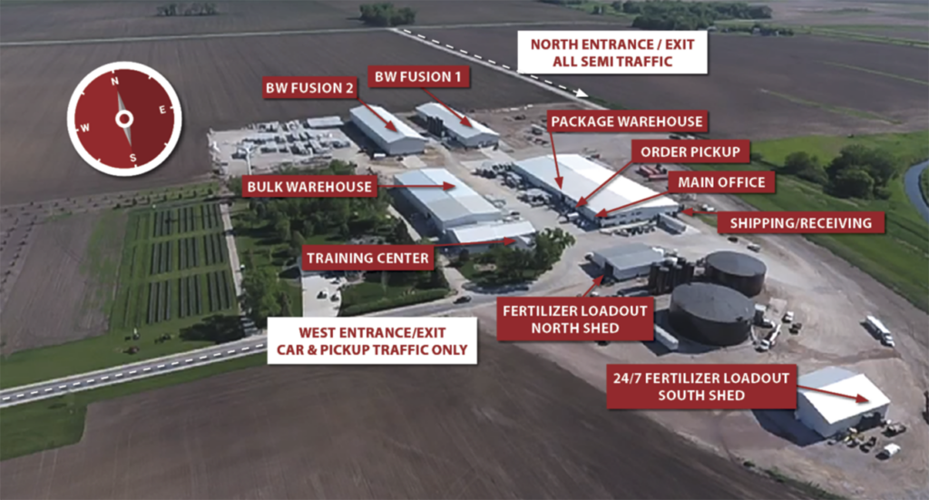 A map showing the Wells Ag Supply Fonda facility. Labels mark the various buildings and driveways.